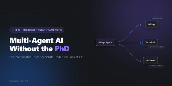 Dark hero graphic for multi-agent AI in .NET 10 showing a triage agent connected to billing, technical, and account specialist agents